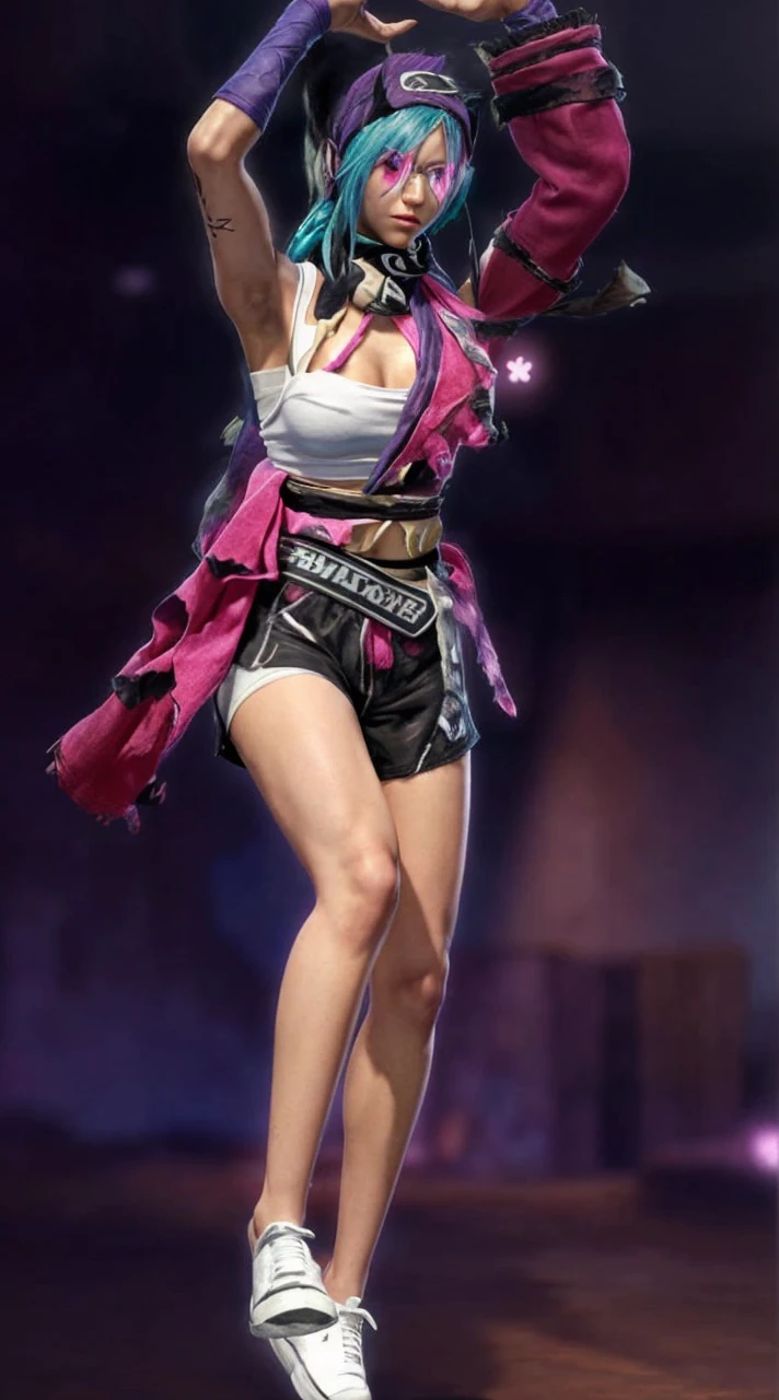 The image shows a character in a fighting game, wearing a white tank top and black shorts. The character has a pink scarf wrapped around their neck.