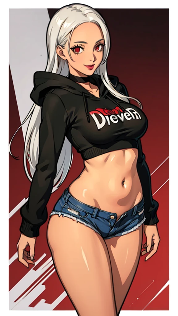 1 girl, milf, Red eyes, long hair, black choker, lipstick, smile, white hair, medium breast, cowboy shot , wheatskin, hoodie, belly, forehead, extreme micro shorts, thicc legs