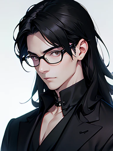A pale man with a thin face, Long black hair, Black Costume、Wearing black-rimmed glasses