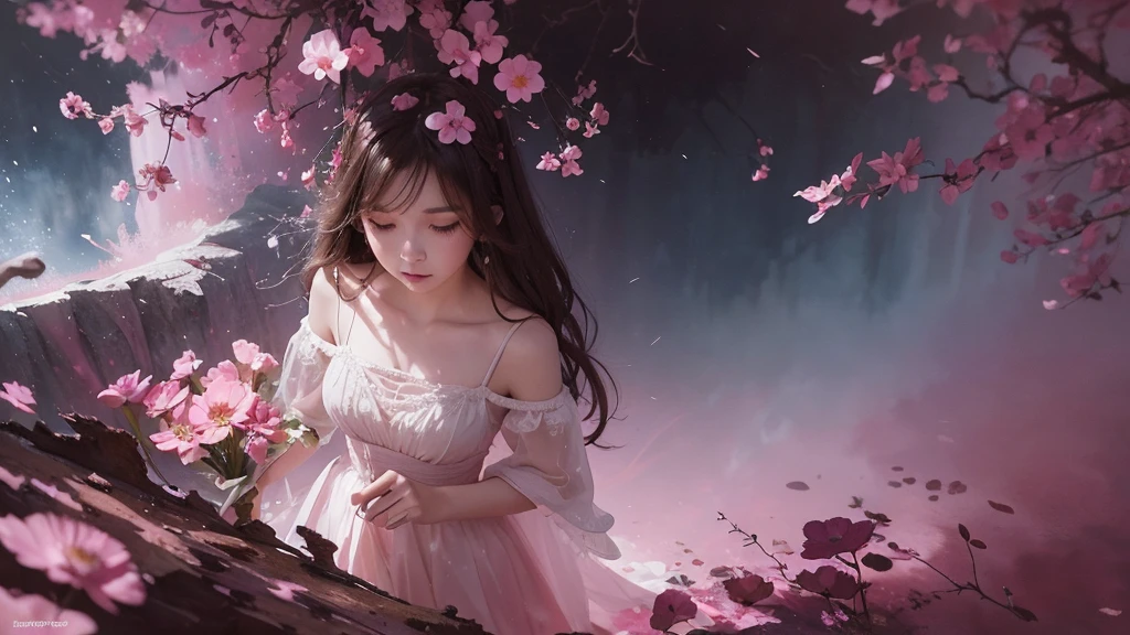 32k, Masterpiece, Highest quality, One girl, Detailed eyes, flower,Sandersonia, Pink and brown style,A dreamy, romantic piece,Pale pink, Mysterious Leaves,A playful arrangement,Fantasy,High Contrast,Ink strokes,explosion,Exposure, Impression of pink and brown tones,Abstract,((Watercolours by John Berkey and Jeremy Mann )) Brush strokes,Negative Space, Tyndall effect,