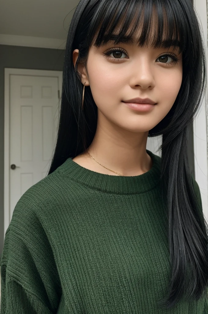 A girl with black hair with long green