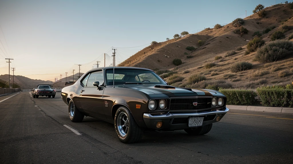 American muscle car of the 70s, in a coupe, against the backdrop of evening Los Angeles