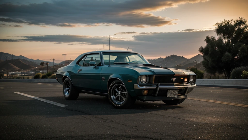 American muscle car of the 70s, in a coupe, against the backdrop of evening Los Angeles