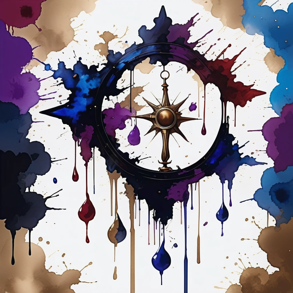 Baalmon (X-Antibody) in white dark-blue-purple bronze red and black palette with background, ink stain art style