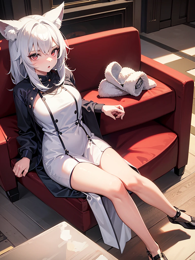 A girl with fox ears, pretty and with good proportions, is 20 years old and her hair is white like her ears.. She is sitting on a beautiful sofa.