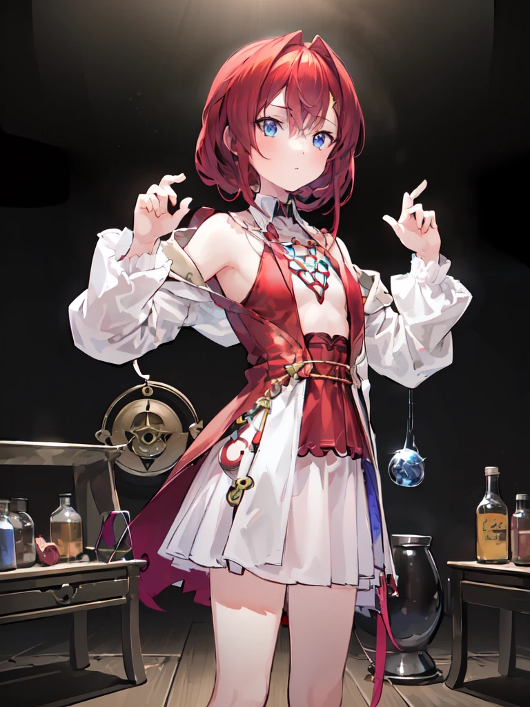 (White Background:1.35),(8K, Highest quality, masterpiece:1.2),\(Eye details\),\(Facial feature details\),(\(Clothing Details\)\),whole body,Very detailedCGユニティ8K壁紙,Large file size,Very detailed,High resolution,Absurd,beautiful 、Ray Tracing,Dramatic Shadows,Fine details,Elevation,Super Detail,(1 Girl:1.3),alone, Red Hair, ,(Flat Chest:1.25),(Standing pose:1.35),Alchemist