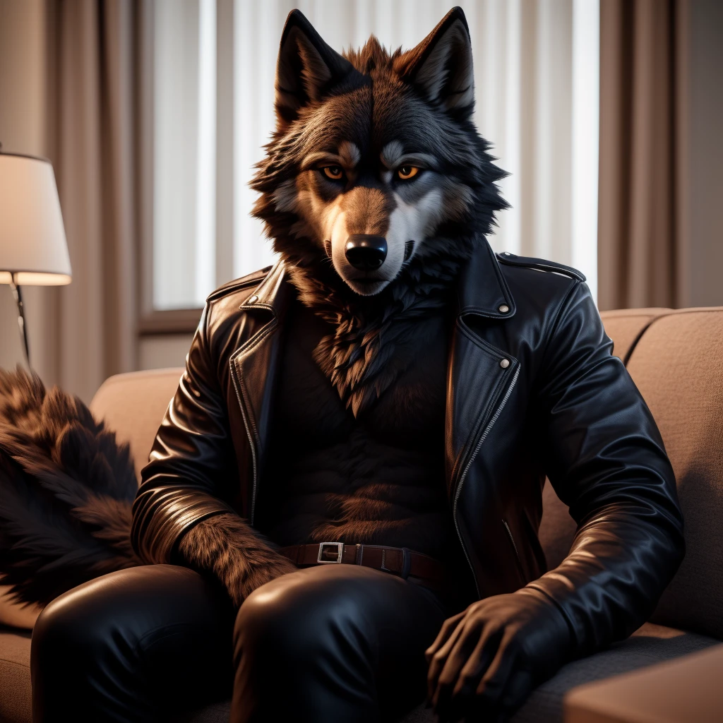 Posing, Male, 30 years old, sad face, black leather jacket, anthro, wolf ears, (black fur:1.5), wolf, log cabit backgroud, 8k, hi res, (best quality, masterpiece), (wolf tail:1.5), detailed fur, sitting on couch