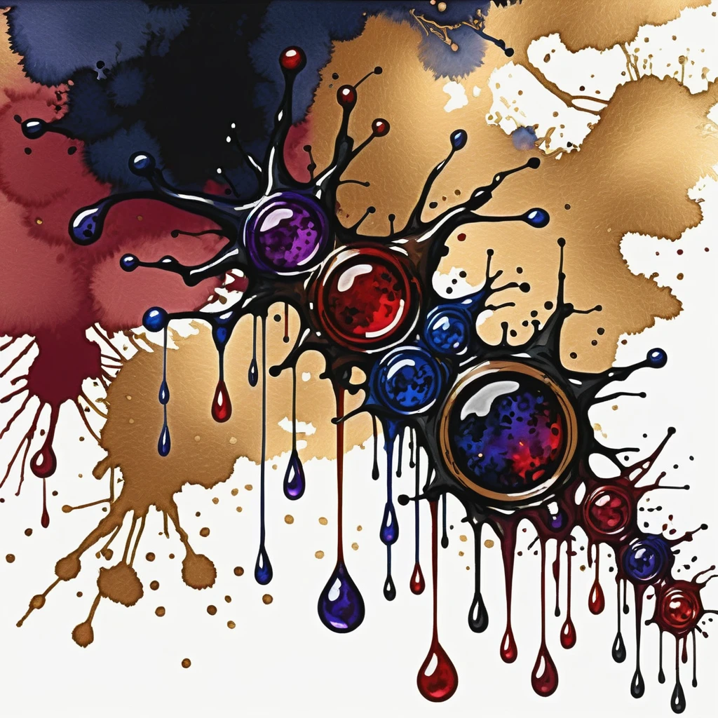 Baalmon (X-Antibody) in white dark-blue-purple bronze red and black palette with background, ink stain art style
