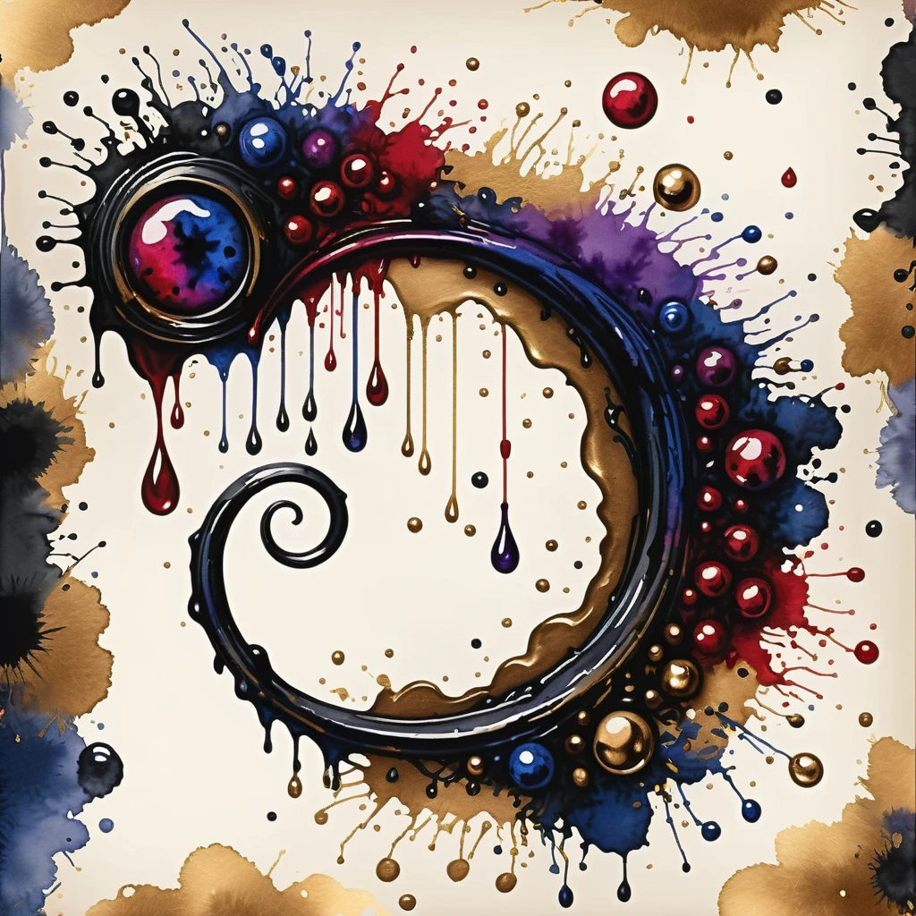 Baalmon (X-Antibody) in white dark-blue-purple bronze red and black palette with background, ink stain art style
