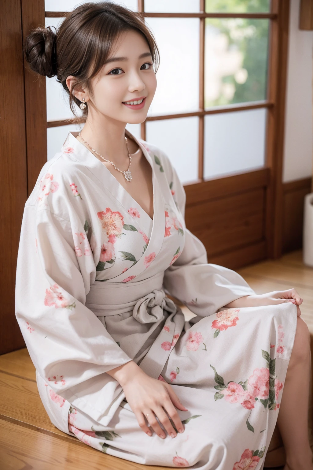 Highest quality,8K, Detailed facial depiction, Detailed description of the eyes,One Woman, Light brown hair(Short Hair),Hair tied up,Beautiful Japanese Girl,24-years-old,Cute eyes,Cute Smile,Yukata beauty,White floral yukata,Slender body, Large, plump breast size, Long and beautiful legs,Smiling, Colorful earrings,necklace,Are standing,Beautiful nape,Summer festival