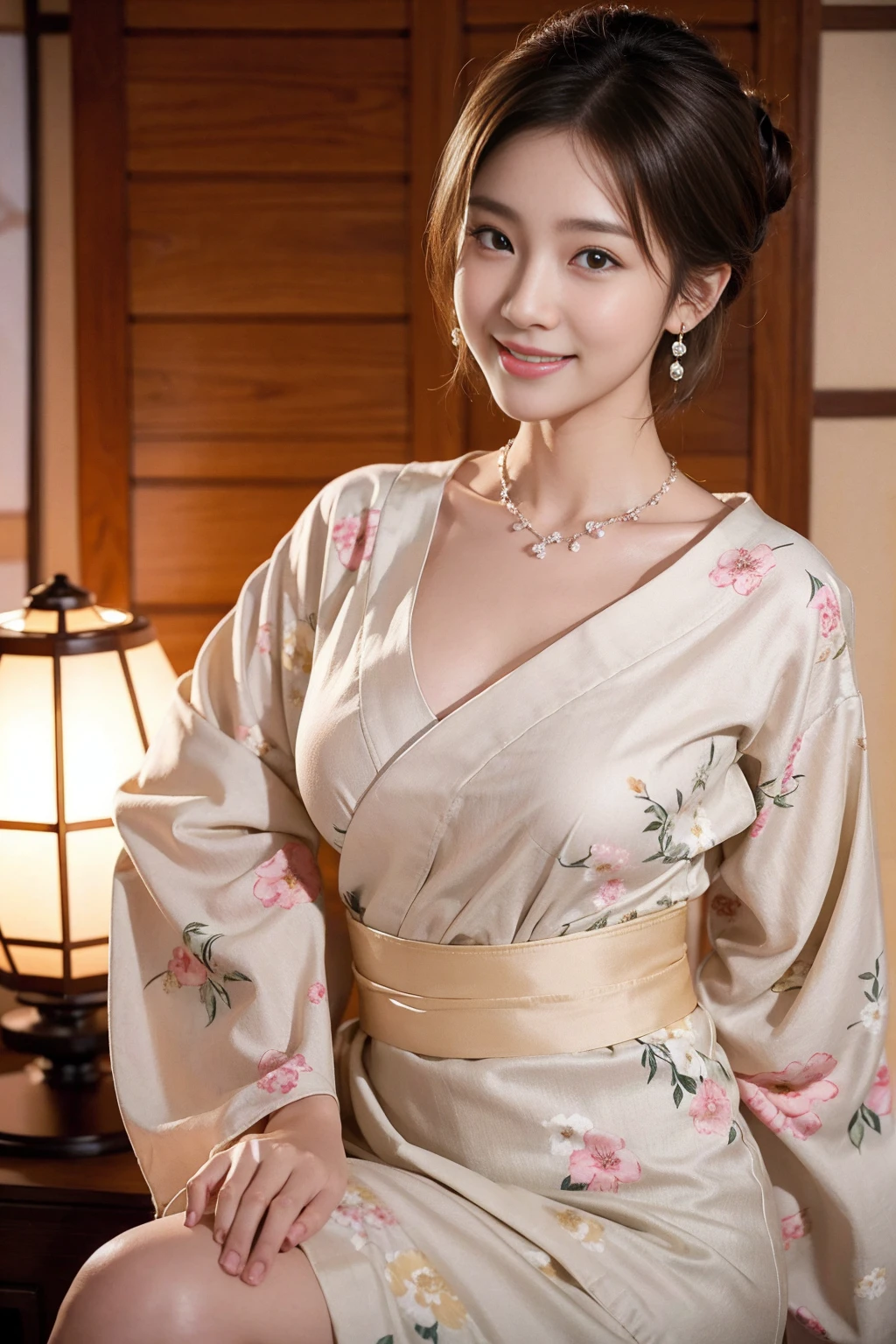 Highest quality,8K, Detailed facial depiction, Detailed description of the eyes,One Woman, Light brown hair(Short Hair),Hair tied up,Beautiful Japanese Girl,24-years-old,Cute eyes,Cute Smile,Yukata beauty,White floral yukata,Slender body, Large, plump breast size, Long and beautiful legs,Smiling, Colorful earrings,necklace,Are standing,Beautiful nape,Summer festival