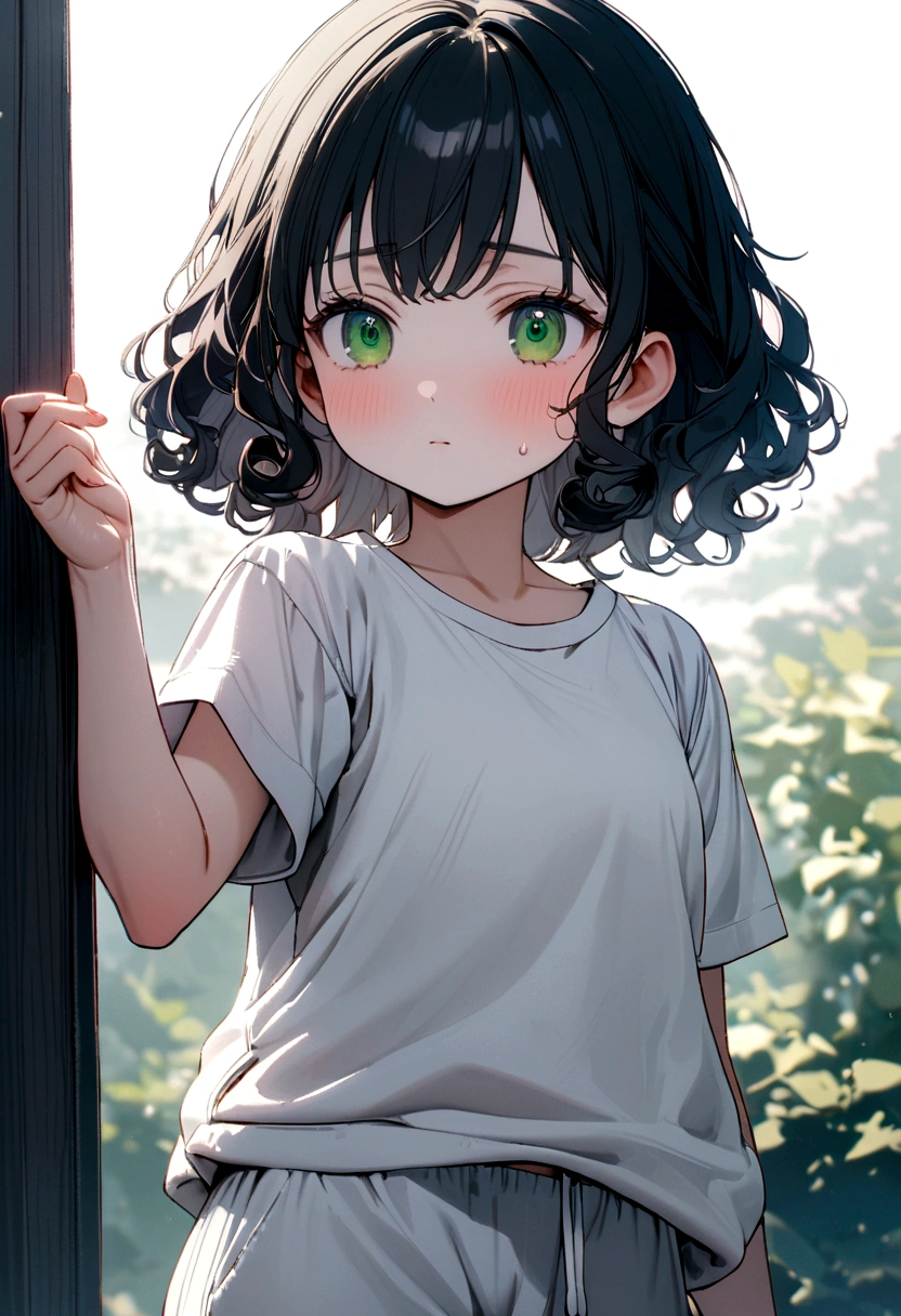 black hair, greeneyes, Caucasian skin, short curly hair, Small sleeve shirt, Right arm with a white sleeve, Thick sweatpants, アニメ, 8K, super detail