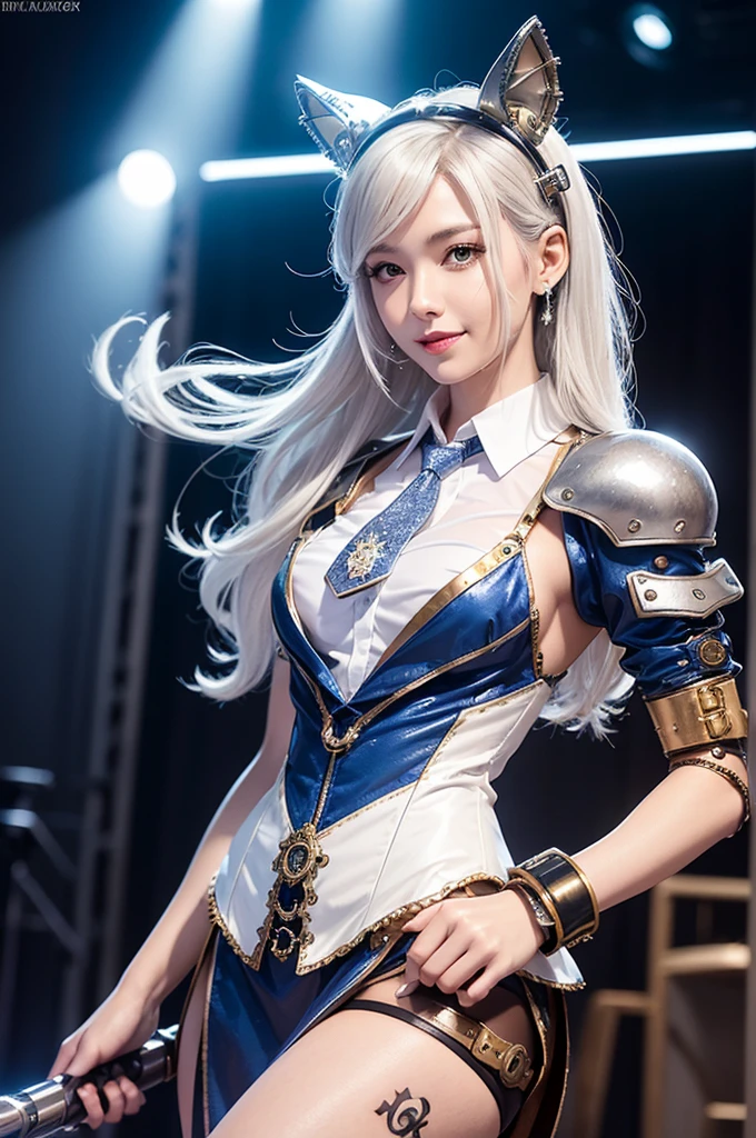 Woman portrait、Highest quality、Rear view、8K,Detailed face, clear, Fine skin、Clear, beautiful eyes、whole body、(Curly Hair)、My hair was messed up by the wind、The beauty of a smile、(Glamorous Muscle),(Hip_superior, Hip superior), Mature Woman,( Watching the audience),Realistic, High resolution, Soft Light,1 female, alone, Hipアップ, Glowing Skin, (Detailed face), Sexy smile, Perfect Style, Perfect balance,Platinum gold hair,Long Hair,Naughty look,((Steampunk Pirates costume)),(Blue and white mech,ta fashion, High-tech Mecha,Beautiful steampunk cyborg woman,Steampunk Mecha Cyborg Girl,Blue steampunk blue and white jacket,Steampunk white dress shirt,Short jeweled tie,silver dress shirt,wrist cuffs,Gemstone Helmet,fake animal ears,belt,High leg),((arms behind back)),(bokeh),(studio lighting)