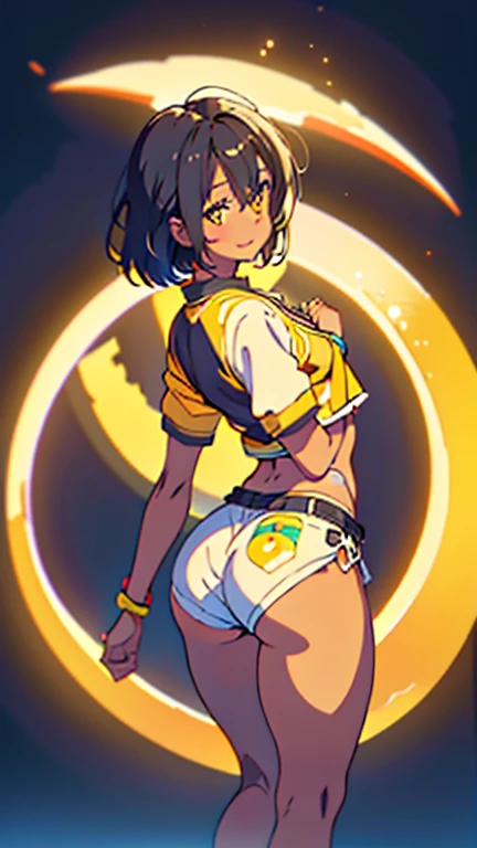 masterpiece, best quality, ((dark skin)), short hair, yellow eyes, black hair, beautiful girl smiling, thin, full body, ((kawaii)), ((cute)), large casual clothes, (small-breasts:0.5), ((short chest)), ((big butt)), ((wide thigh)), fighting capoeira, (Ultra High Resolution: 1.2), (RAW Photo: 1.2)