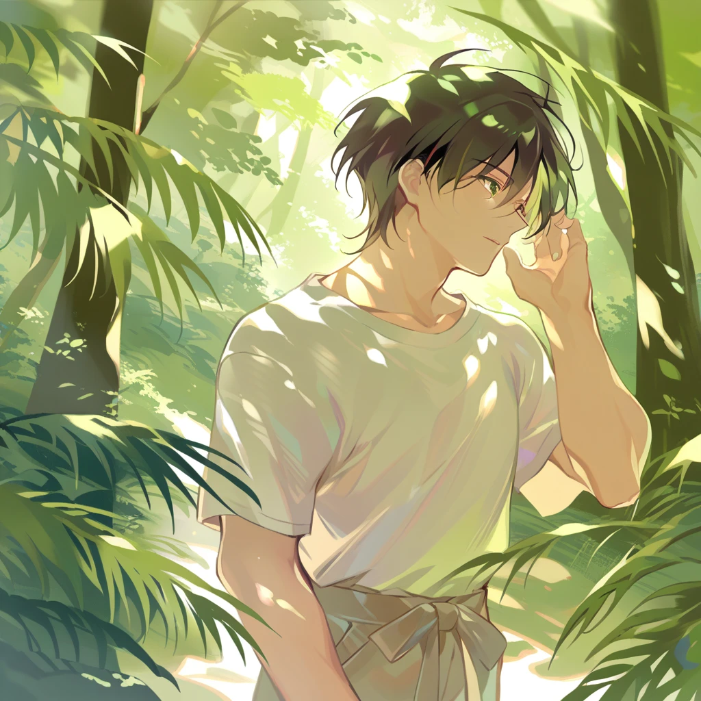 A hand-drawn illustration of a Japanese man in his early 30s with short hair, wearing a white T-shirt. His face is slightly obscured, his expression unclear. The background features a lush green forest bathed in sunlight, with dappled light and green leaves gently surrounding the man. The overall style should be warm and inviting, conveying a sense of peace, harmony with nature, and trustworthiness.