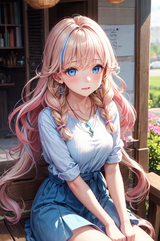 girl with wavy blonde hair with pink streaks, tied in braids and adorned with white ribbons, big, expressive blue eyes, plus flushed cheeks that give a cute and shy appearance.wearing a blue necklace and dangling earrings, with a delicate and charming look. Facial expression suggests surprise