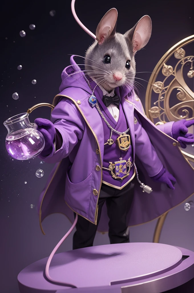 A PURPLE SCIENTIST MOUSE WITH THE COAT OF ARMS OF CHEMISTRY