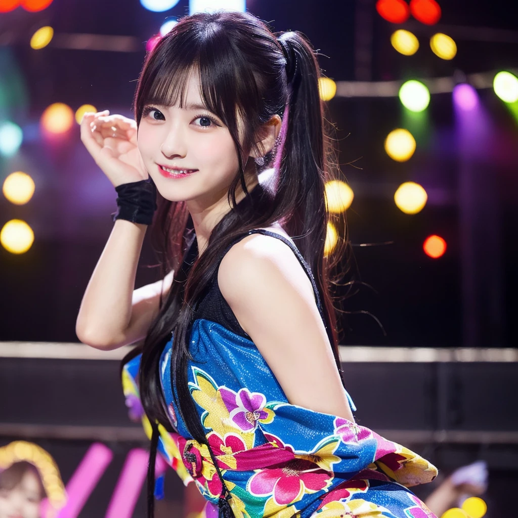 Create a scene of a cute 20-year-old Japanese female idol singer performing on stage.。She has long black hair in a ponytail、Smiling。Wearing colorful and cute idol costumes、They are singing and dancing happily。Colorful stage lights in the background。She is Japan and、Overall it has a lovely atmosphere.