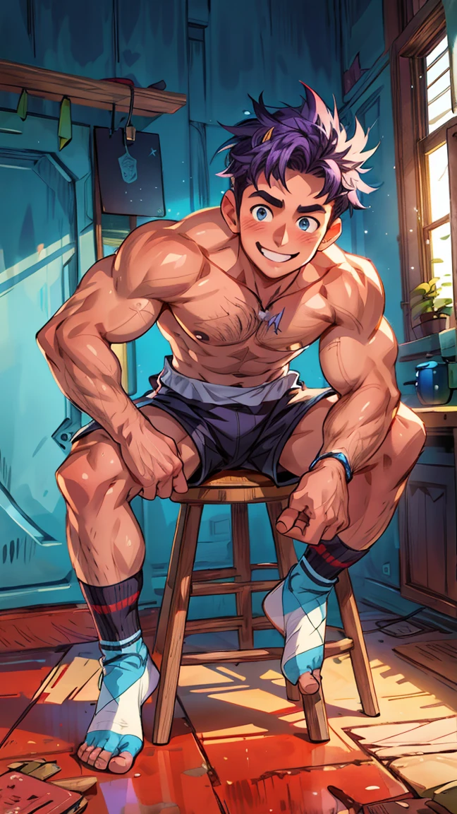 a muscular young man with blushing, shy expression, detailed eyes, bare-chested wearing only striped shorts, blue eyes, short blue-purple hair, sitting on a stool against a blue background, smiling, barefoot, (best quality,4k,8k,highres,masterpiece:1.2),ultra-detailed,(realistic,photorealistic,photo-realistic:1.37),portrait,studio lighting,vivid colors,blue color tones
