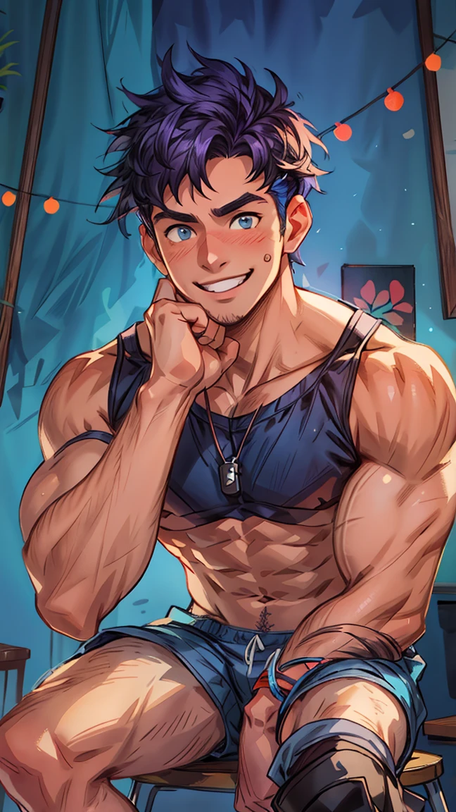 a muscular young man with blushing, shy expression, detailed eyes, bare-chested wearing only striped shorts, blue eyes, short blue-purple hair, sitting on a stool against a blue background, smiling, barefoot, (best quality,4k,8k,highres,masterpiece:1.2),ultra-detailed,(realistic,photorealistic,photo-realistic:1.37),portrait,studio lighting,vivid colors,blue color tones