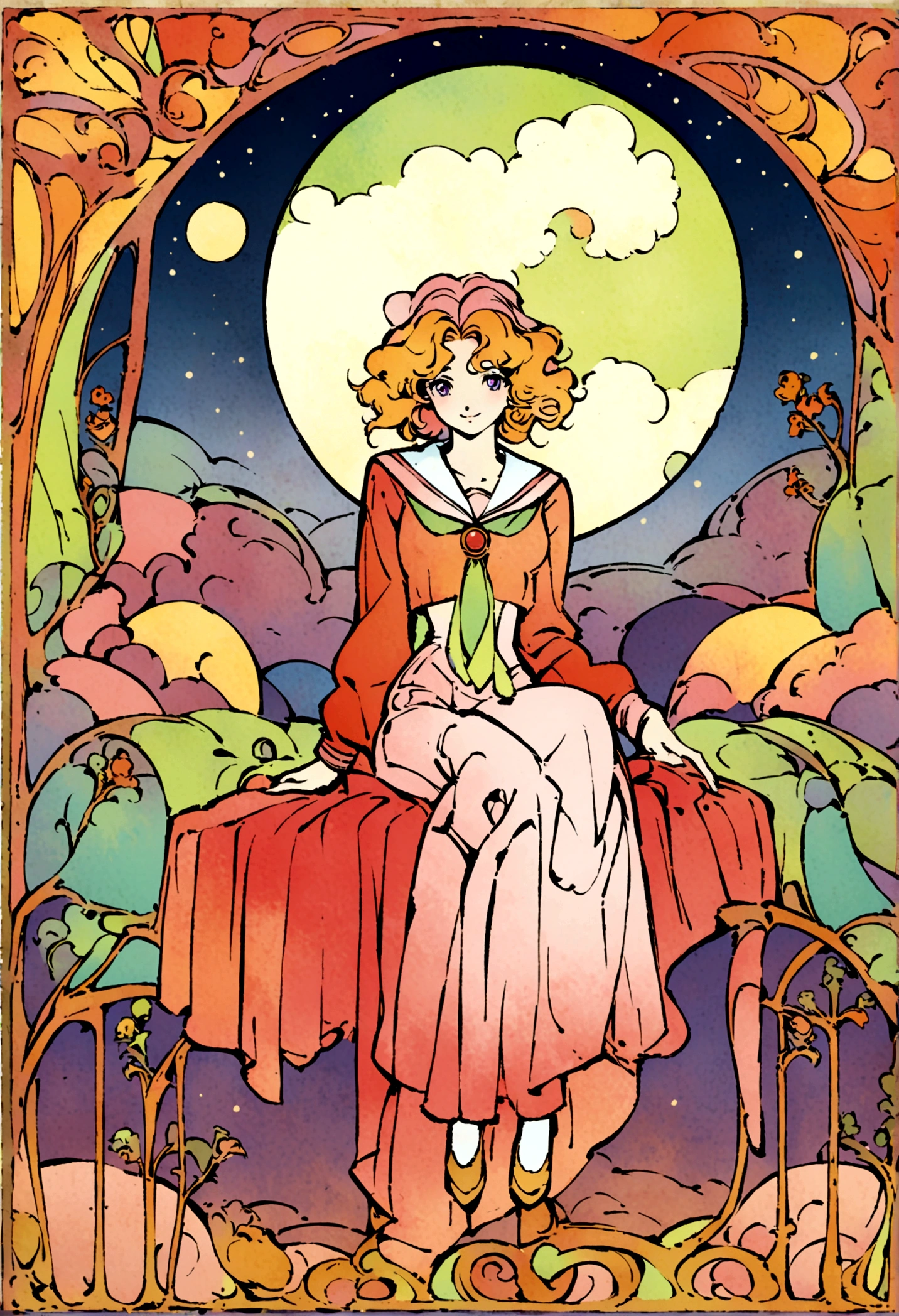 A painting of a woman sitting on a bed with the moon behind her, Dreamy illustration, Inspired by Audrey Kawasaki, Anime Art Nouveau cosmic display, loish art style, Inspired by Naoko Takeuchi, Anime Art Nouveau, Loish and clamp styles, Illustration Line art style, Sailor Moon aesthetics, Anime Graphic Illustration, Drawn in a whimsical style, Soft anime illustration,smile face