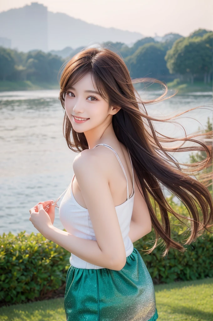8K Super Resolution、Beauty、One Woman、Dark Brown Hair:1.1、Highly detailed face、Lips detail、important、(Eyes meet)、double eyelid、Princess Eyes、Beautiful Japanese Women、Beautiful Japanese Women、Sensual lips、Bewitching body、20th Generation、(21 years old)、far and near method、 Realistic Japanese women、Wearing a super realistic detailed tank top and mini skirt、Hair blowing in the wind、I can see your chest、Crisp images、The delicate sparkle of the eyes、Ultra-realistic detailed park with river、color々Hair style、Smiling with a nice smile、There is a thick fog in the background、Fantastic landscape、