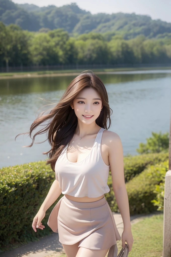 8K Super Resolution、Beauty、One Woman、Dark Brown Hair:1.1、Highly detailed face、Lips detail、important、(Eyes meet)、double eyelid、Princess Eyes、Beautiful Japanese Women、Beautiful Japanese Women、Sensual lips、Bewitching body、20th Generation、(21 years old)、far and near method、 Realistic Japanese women、Wearing a super realistic detailed tank top and mini skirt、Hair blowing in the wind、I can see your chest、Crisp images、The delicate sparkle of the eyes、Ultra-realistic detailed park with river、color々Hair style、Smiling with a nice smile、There is a thick fog in the background、Fantastic landscape、