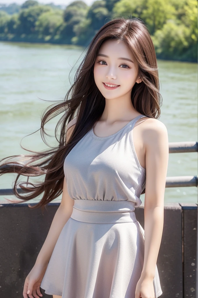8K Super Resolution、Beauty、One Woman、Dark Brown Hair:1.1、Highly detailed face、Lips detail、important、(Eyes meet)、double eyelid、Princess Eyes、Beautiful Japanese Women、Beautiful Japanese Women、Sensual lips、Bewitching body、20th Generation、(21 years old)、far and near method、 Realistic Japanese women、Wearing a super realistic detailed tank top and mini skirt、Hair blowing in the wind、I can see your chest、Crisp images、The delicate sparkle of the eyes、Ultra-realistic detailed park with river、color々Hair style、Smiling with a nice smile、There is a thick fog in the background、Fantastic landscape、