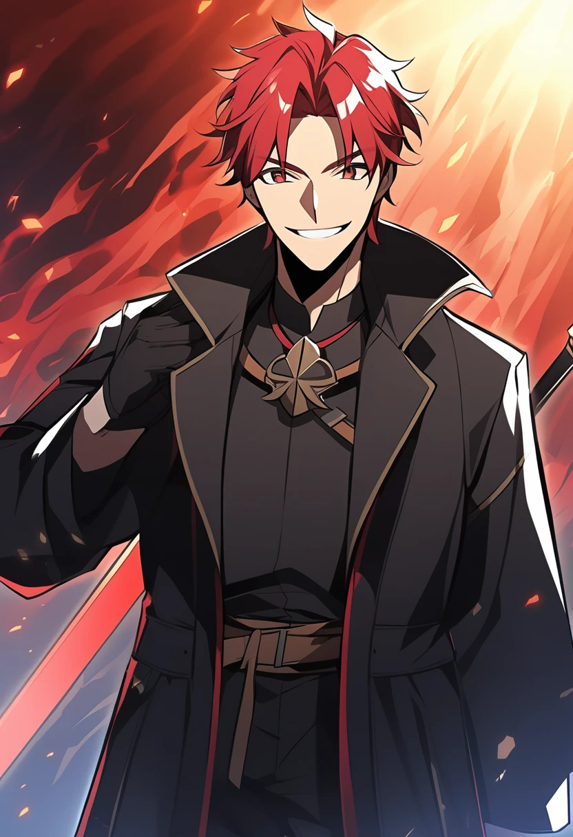 (fantasy_style:1.25), man, red hair, smiling, black coat, sword