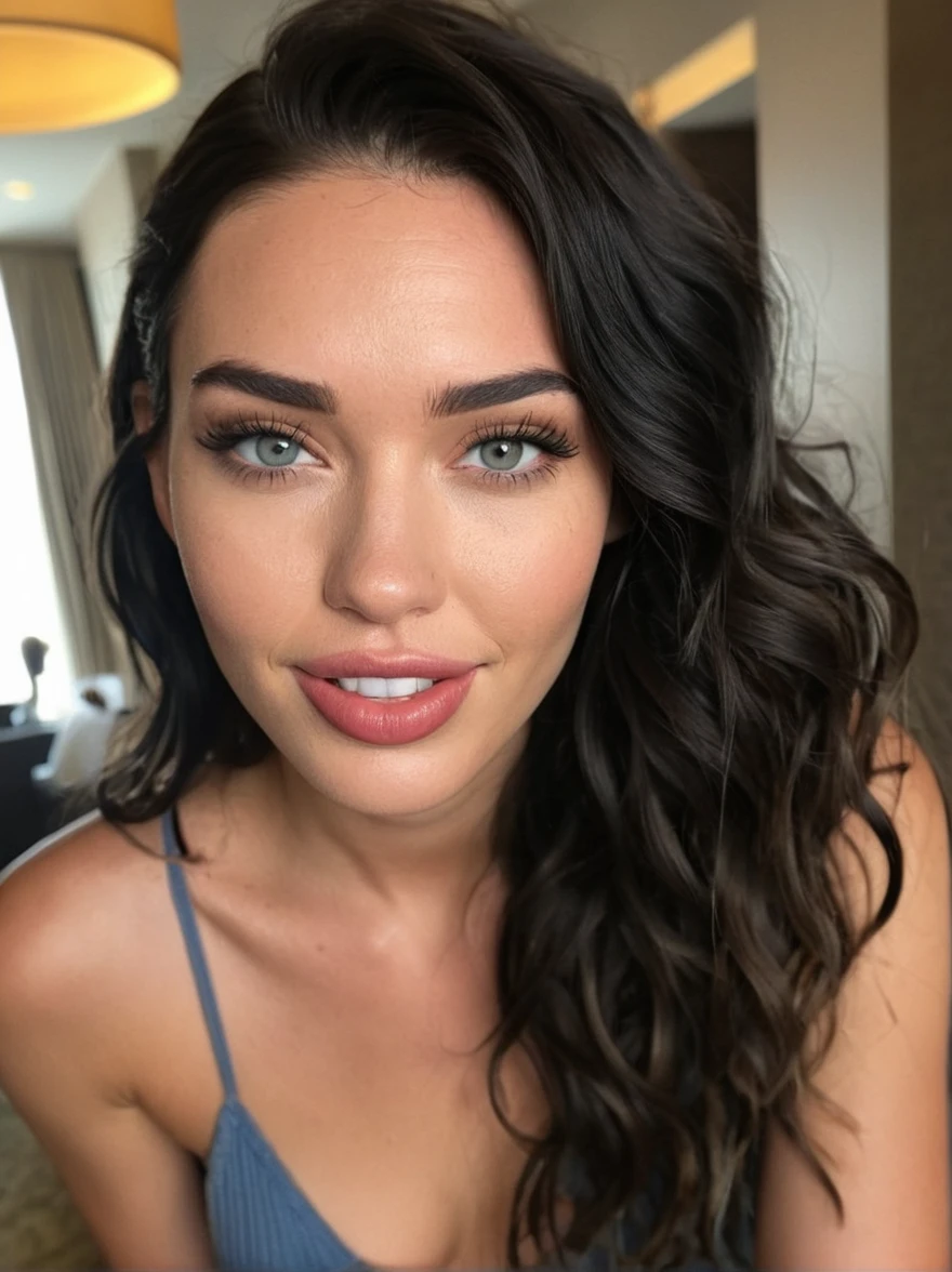 a realistic instagram photo of a [ really beautiful exotic androgynous supermodel 19 year old woman] , with [long, dark hair, short beachy waves hair style ] , looks like [Megan FOX] and [Adriana Lima], light makeup, looking [innocent, beautiful smile, cute, flushed] , [light] hotel --ar 9:16 --stylize 750 --v 6
