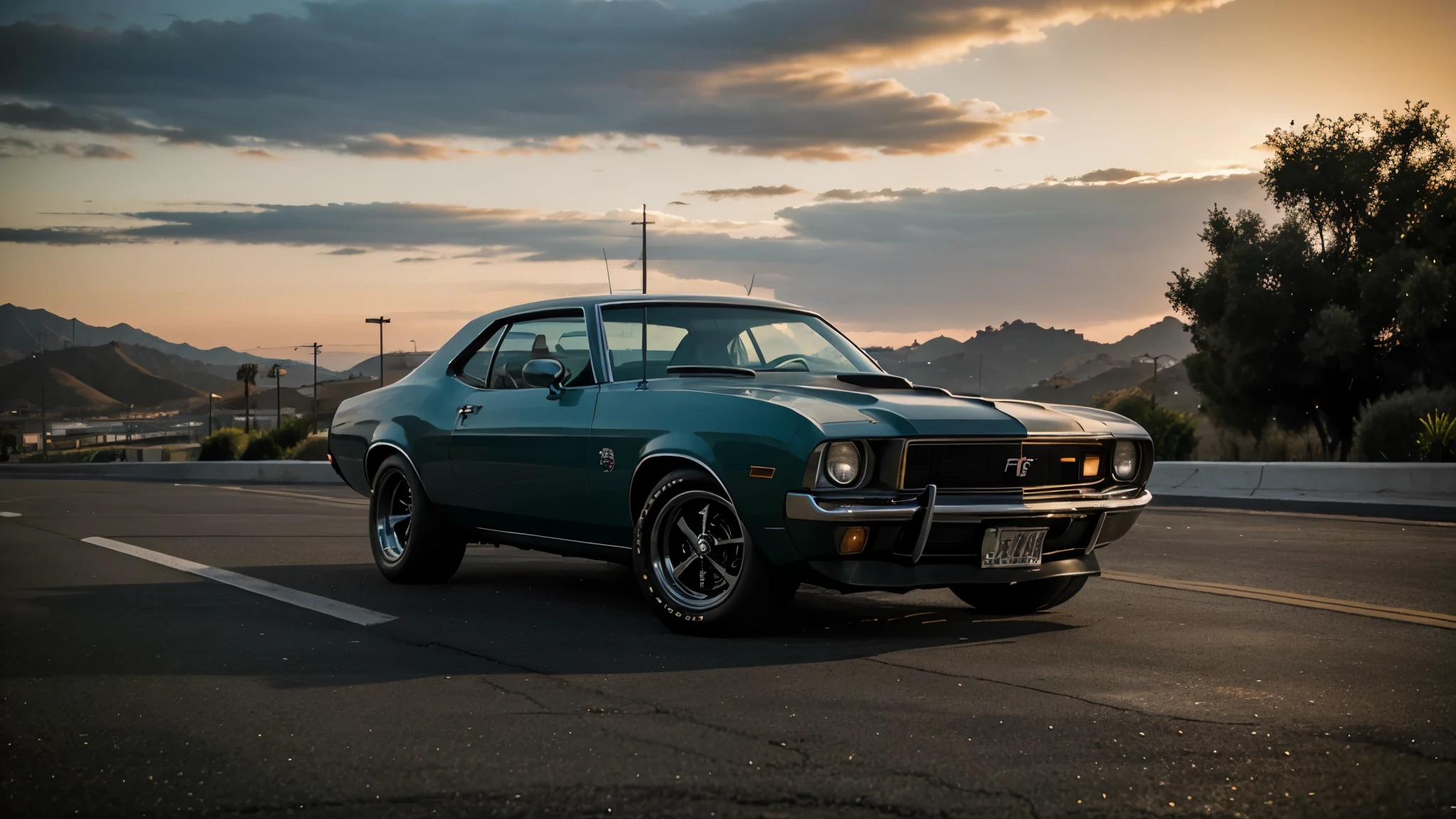 American muscle car of the 70s, in a coupe, against the backdrop of evening Los Angeles