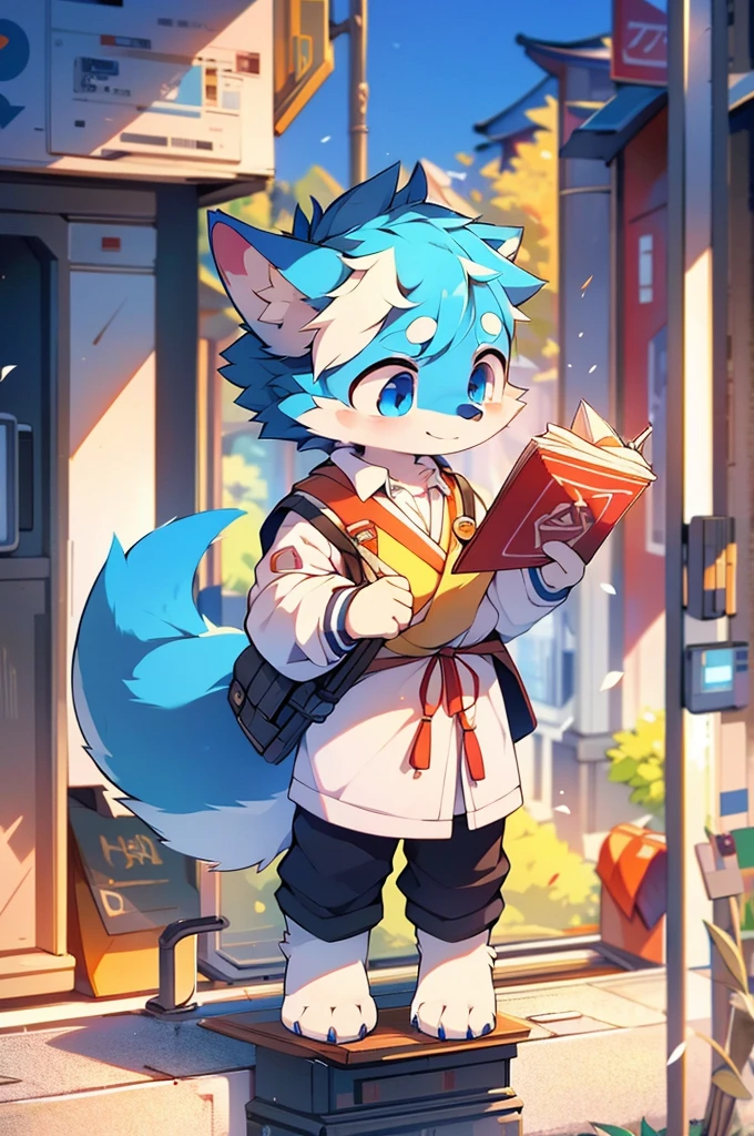 Blue fur, Canine, fox motif, boy, uniform,expensive，One person，Stand up on your own two feet，Flying over the city，