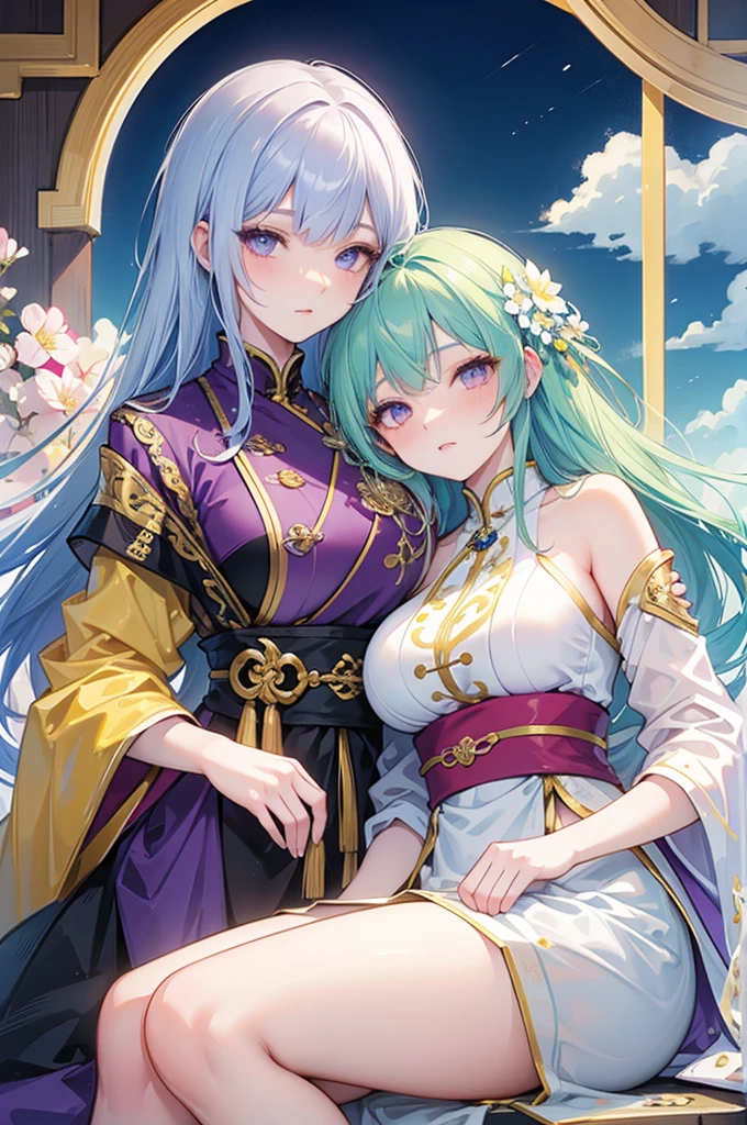 Yellow and light blue two-tone hair, purple eyes, Oriental-style clothes, Breasted women, E Cup, Yeouibong Peak, Balaur