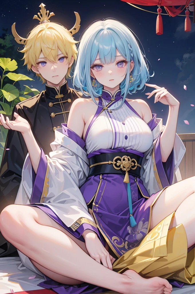 Yellow and light blue two-tone hair, purple eyes, Oriental-style clothes, Breasted women, E Cup, Yeouibong Peak, Balaur