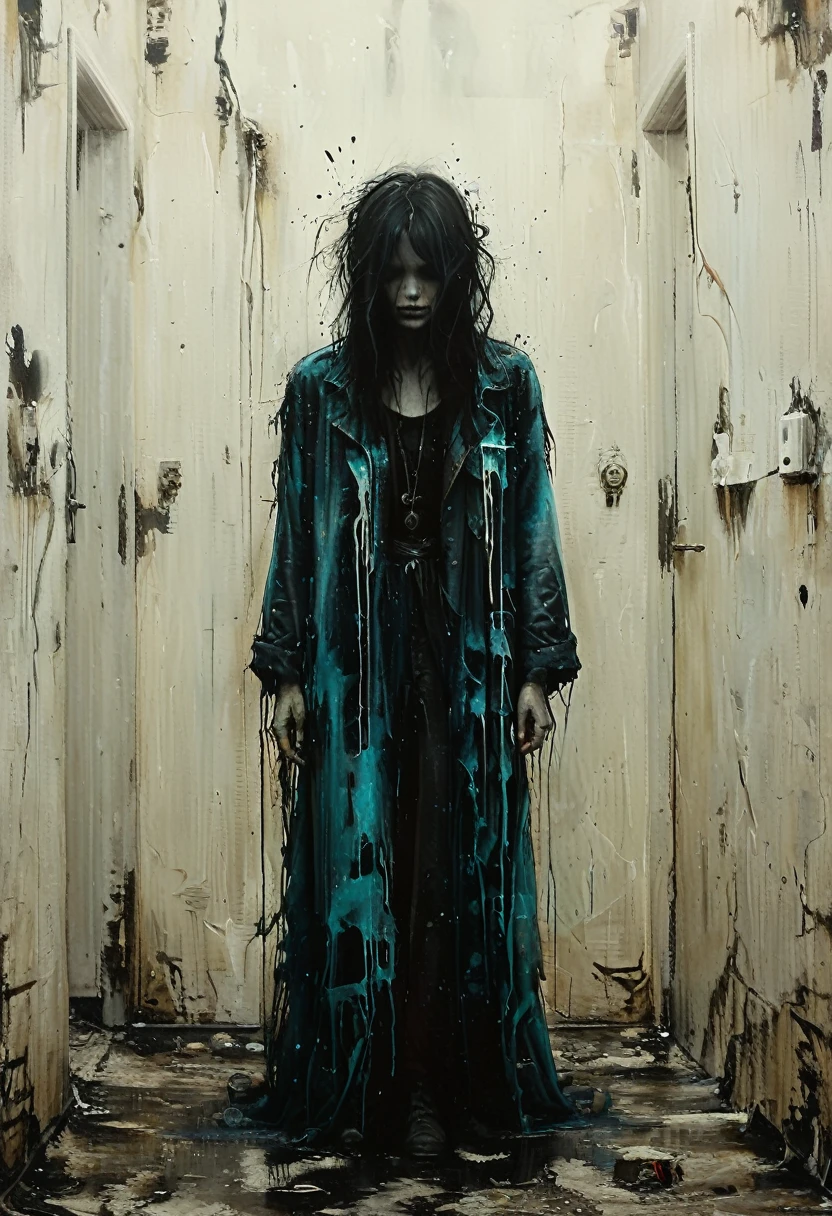 Ghostly figure drifting through abandoned halls, LED Lighting, Gorgeous splash of vibrant paint