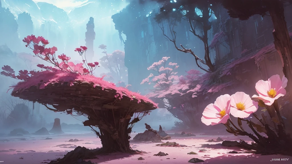 32k, Masterpiece, Highest quality, One girl, Detailed eyes, flower,Sandersonia, Pink and brown style,A dreamy, romantic piece,Pale pink, Mysterious Leaves,A playful arrangement,Fantasy,High Contrast,Ink strokes,explosion,Exposure, Impression of pink and brown tones,Abstract,((Watercolours by John Berkey and Jeremy Mann )) Brush strokes,Negative Space, Tyndall effect,