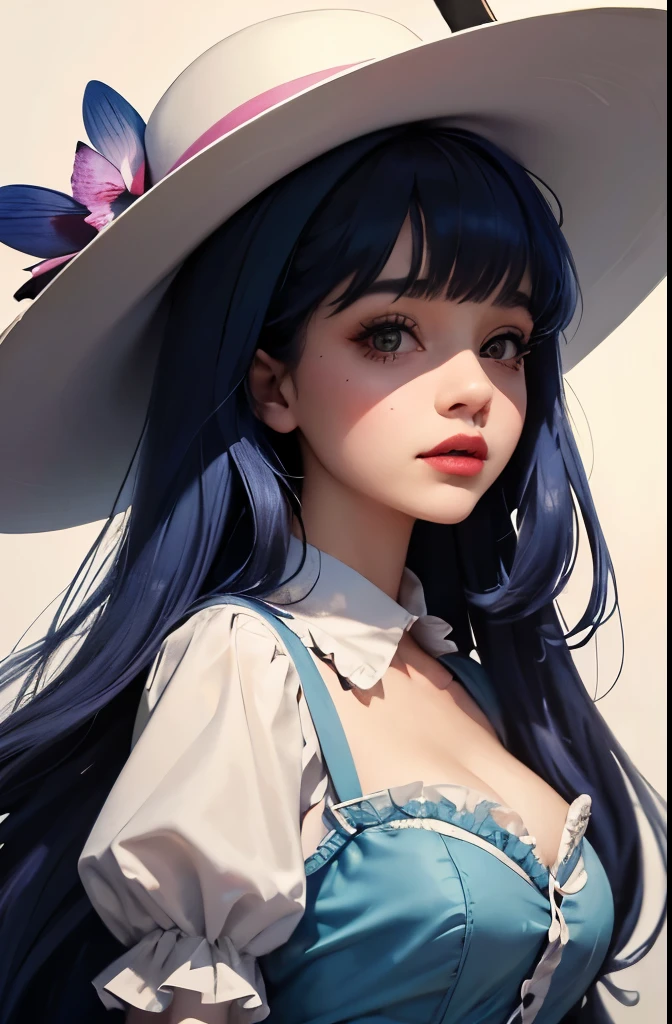 a close up of a woman with a hat and a dress, melanie martinez, her face looks like an orchid, she looks like a mix of grimes, # rococo, old timey, belle delphine, her hair is white, photographed on colour film, beautiful stella maeve magician, with hat, gorgeous stella maeve magician, & her expression is solemn