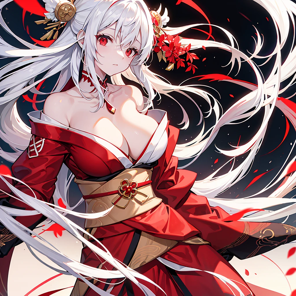 Women(alone), very long white hair,Red eyes,red and red kimono that reveals her shoulders, big breasts, tight