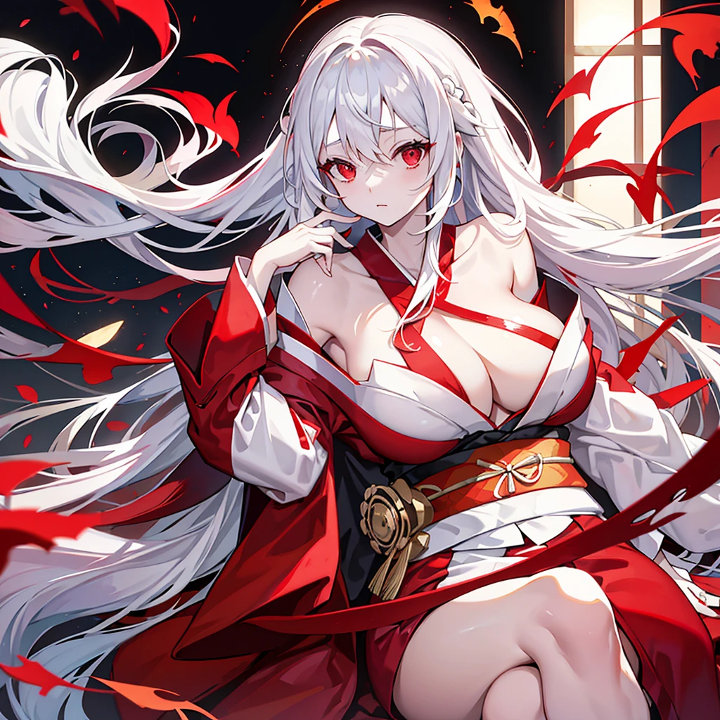 Women(alone), very long white hair,Red eyes,red and red kimono that reveals her shoulders, big breasts, tight