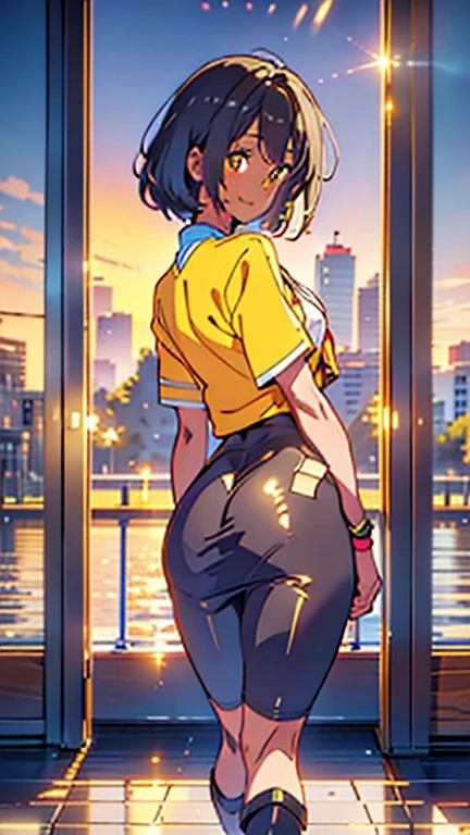masterpiece, best quality, ((dark skin)), short hair, yellow eyes, black hair, beautiful girl smiling, thin, full body, ((kawaii)), ((cute)), winter clothes, (small-breasts:0.5), ((short chest)), ((big butt)), ((wide thigh)), walking, cold scenario, (Ultra High Resolution: 1.2), (RAW Photo: 1.2)