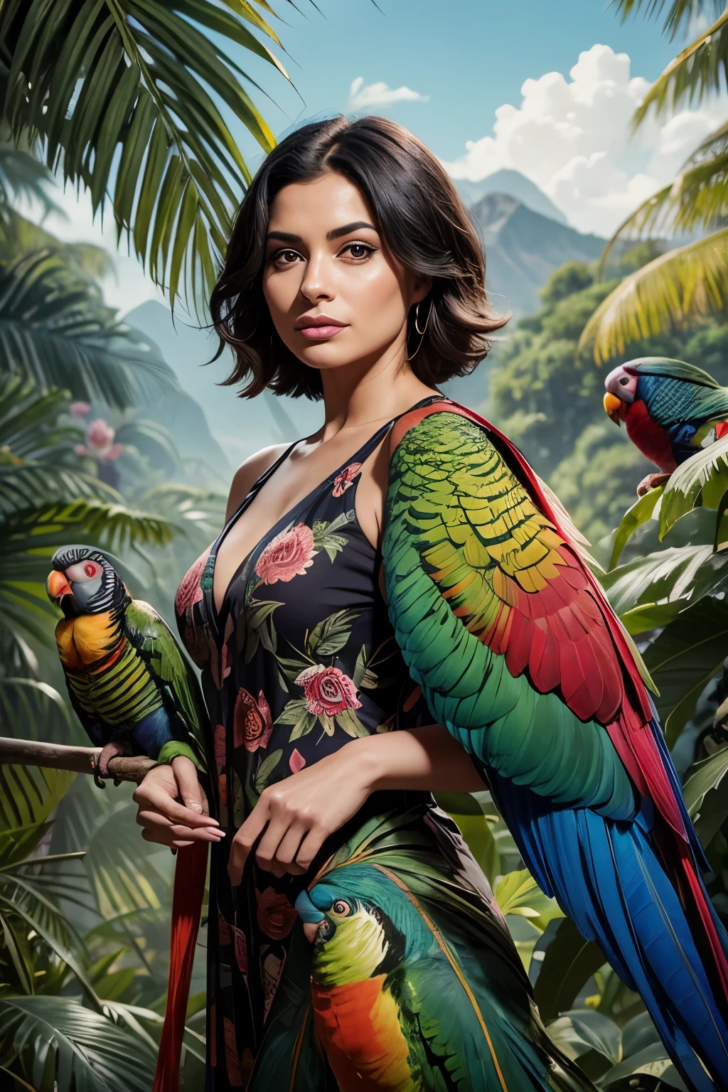 she's appears inside a bird aviary, extraordinary feathers, varieties of birds, flowing pant suit summer dress camisole evening, she's with the woman ((lorikeet:1.1 tongue)) intrudes, giant open gapping covers her dark hair, her toenails glossy, the air molecule are alive, the background hand-painted MURAL cumulus, spring, vast colors, painted background, hand tinted, as she makes her way through the aviary, no makeup, natural, ethereal lovely. FOREGROUND FEATHER DETAILS, dark shadows and DEEP DEEP DEEP colors,