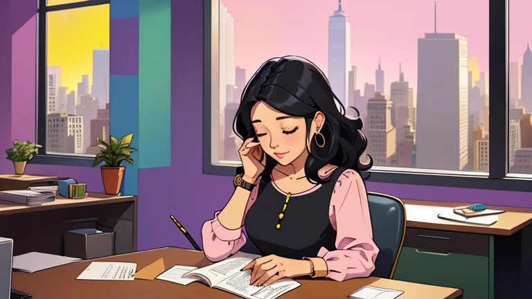In the background there are many desks and people, Beautiful black-hair woman in her 30s sitting pink chair in an spacious and colorful office. looking down and closing her eyes, relaxed atmosphere, cozy, LOFI girl, blouse, desk, documents, laptop, pen, watch, smartphone, stationery, wide glass window, only five fingers, New York, colorful, can see skyscrapers outside the window, colorful wall, pierced earrings, ring, cabinet, offee cup, Well-proportioned face,