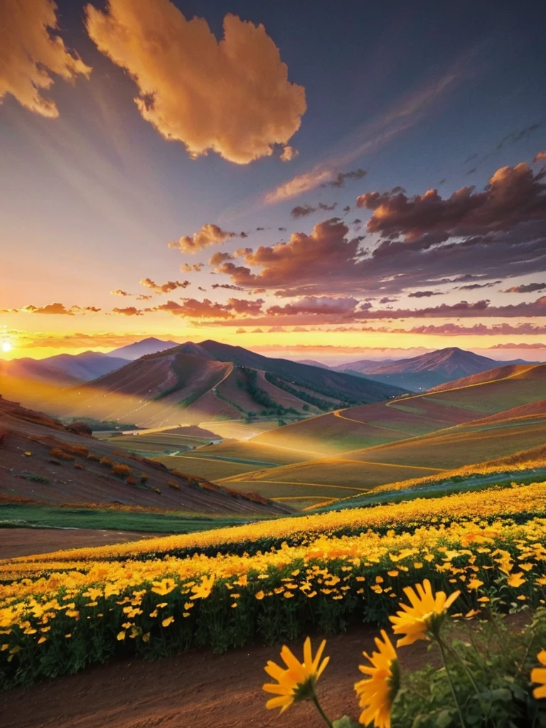 Sunset over a field of flowers，The background is a mountain, floral sunset, sunset in a valley, heavenly landscape, lindo cenario, Beautiful environment, beautifully lit landscape, blissful landscape, the most beautiful landscape, 8K HDR sunset lighting, epic beautiful landscape, Landscapes: the joy of life, beautiful aesthetic, glorious light, High quality wallpaper, Beautiful landscape, Beautiful scene