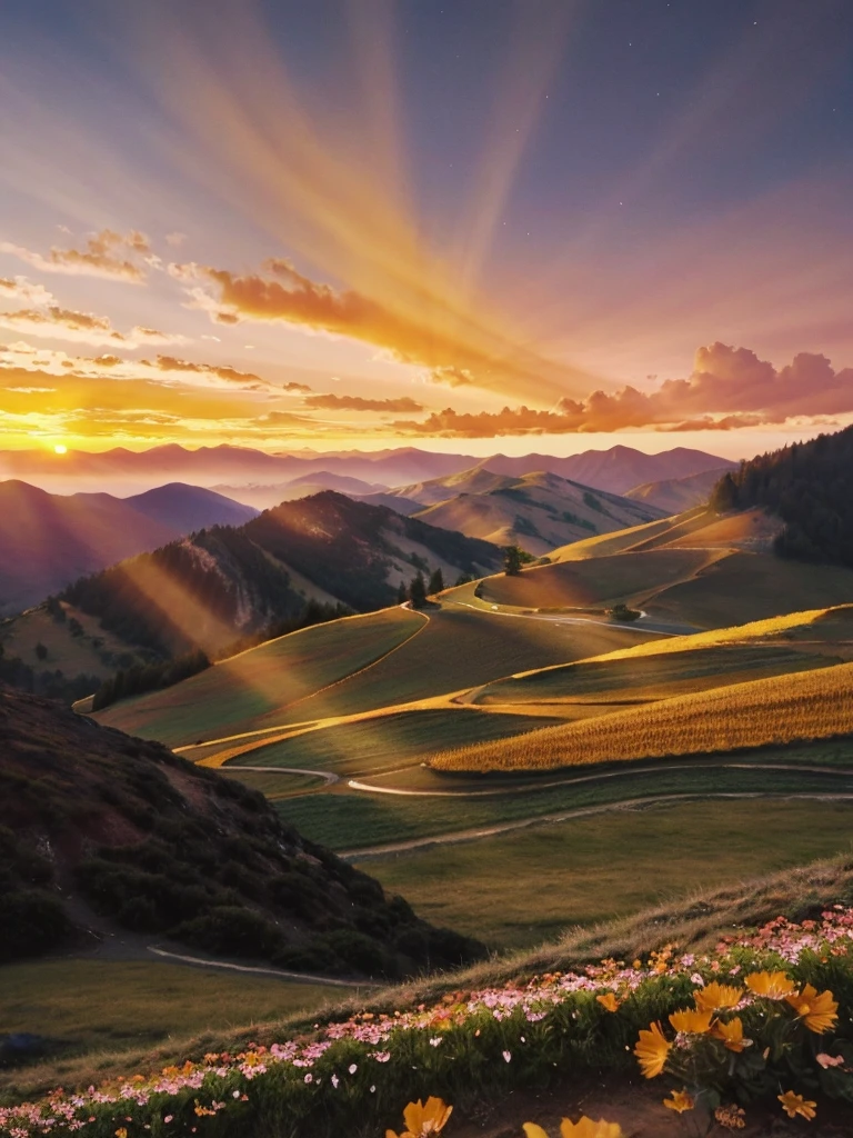 Sunset over a field of flowers,The background is a mountain, floral sunset, sunset in a valley, heavenly landscape, lindo cenario, Beautiful environment, beautifully lit landscape, blissful landscape, the most beautiful landscape, 8K HDR sunset lighting, epic beautiful landscape, Landscapes: the joy of life, beautiful aesthetic, glorious light, High quality wallpaper, Beautiful landscape, Beautiful scene