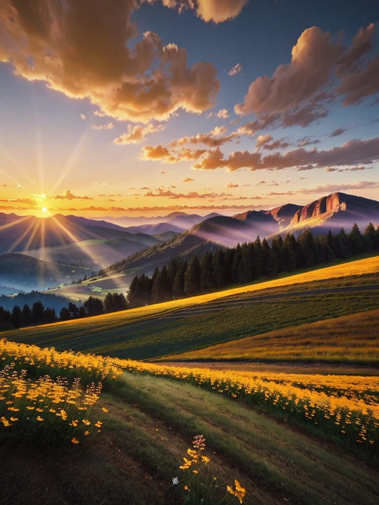 Sunset over a field of flowers，The background is a mountain, floral sunset, sunset in a valley, heavenly landscape, lindo cenario, Beautiful environment, beautifully lit landscape, blissful landscape, the most beautiful landscape, 8K HDR sunset lighting, epic beautiful landscape, Landscapes: the joy of life, beautiful aesthetic, glorious light, High quality wallpaper, Beautiful landscape, Beautiful scene