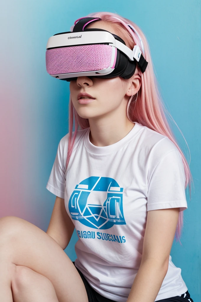 Create a pale white girl, sending a message, half sitting, with Uruguayan t-shirt, pink hair with blue highlights, light blue eyes, with faded background, super focused, HD, 3D, virtual, animated and super focused virtual reality