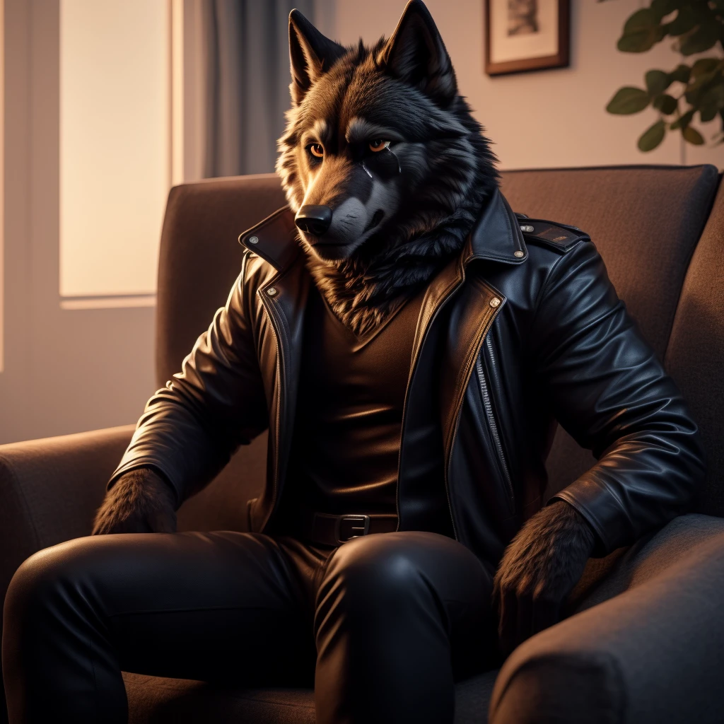 Posing, Male, 30 years old, sad face, crying, black leather jacket, anthro, wolf ears, (black fur:1.5), wolf, log cabit backgroud, 8k, hi res, (best quality, masterpiece), (wolf tail:1.5), detailed fur, sitting on couch