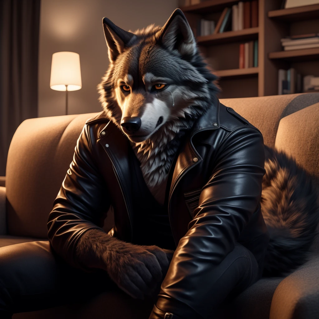 Posing, Male, 30 years old, sad face, crying, black leather jacket, anthro, wolf ears, (black fur:1.5), wolf, log cabit backgroud, 8k, hi res, (best quality, masterpiece), (wolf tail:1.5), detailed fur, sitting on couch