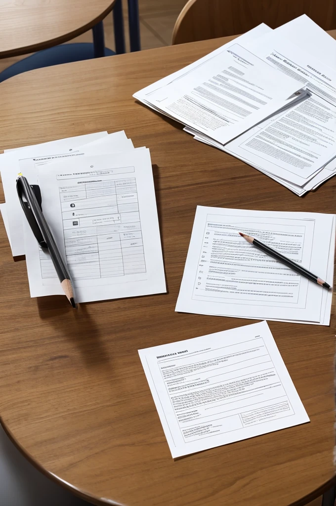 A desk with two test papers on it, Put pencil to paper, Classroom desk, High detail, 8K