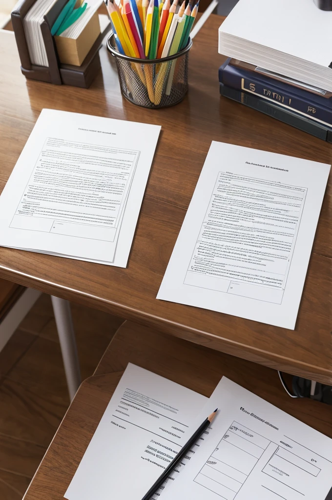 A desk with two test papers on it, Put pencil to paper, Classroom desk, High detail, 8K